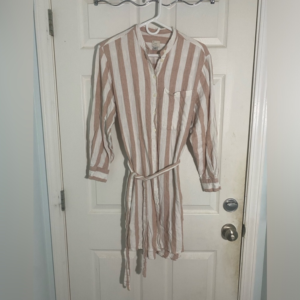 Tan white Striped Shirt Dress